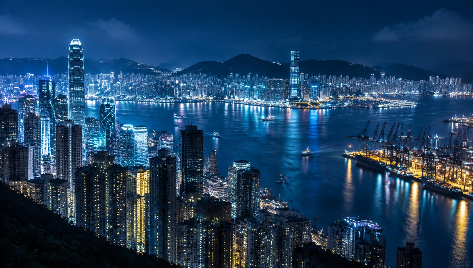Hong Kong Victoria Harbour skyline and container terminal at night