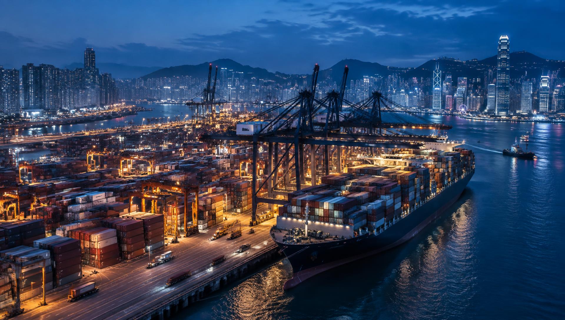 Container terminal cranes and cargo ships in Hong Kong at dusk