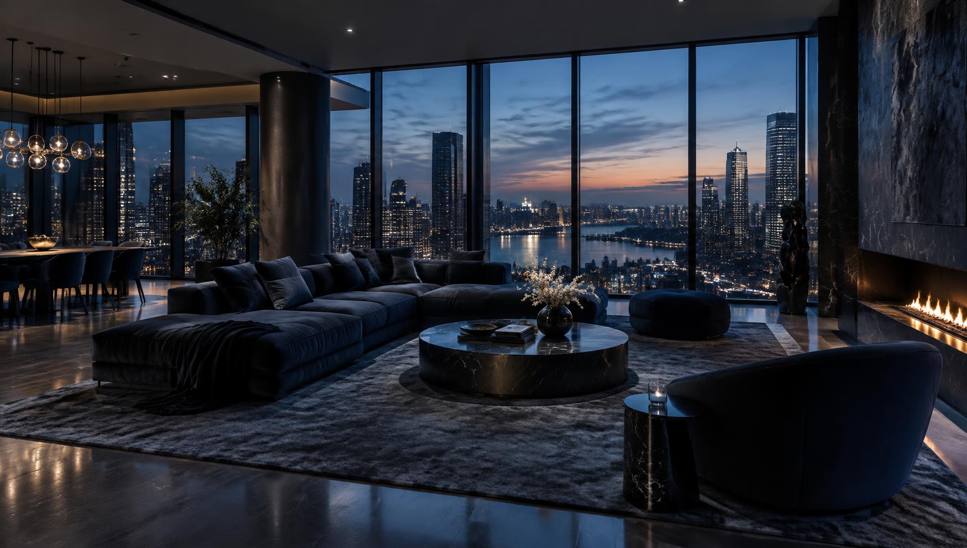 Luxurious modern living room furnished in dark tones at dusk