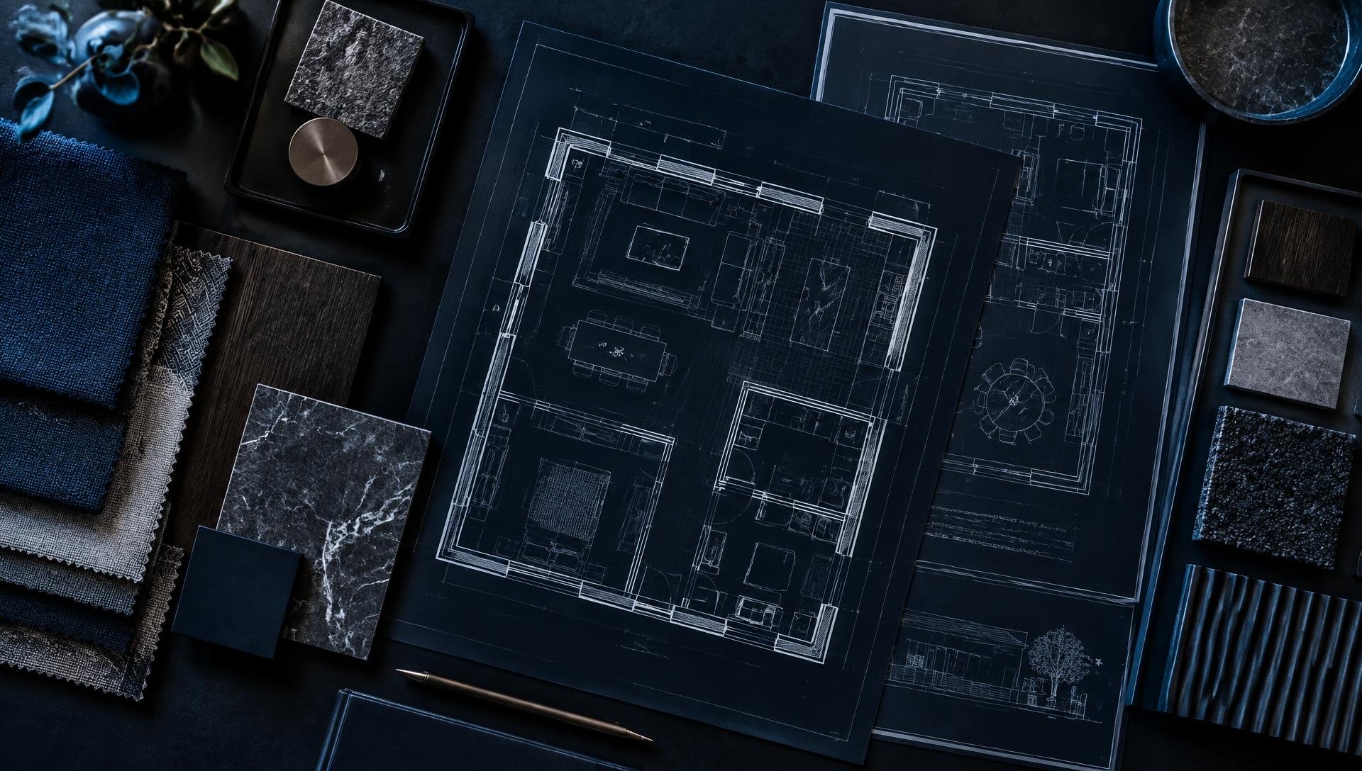 Architectural floor plans beside furniture fabric and material samples