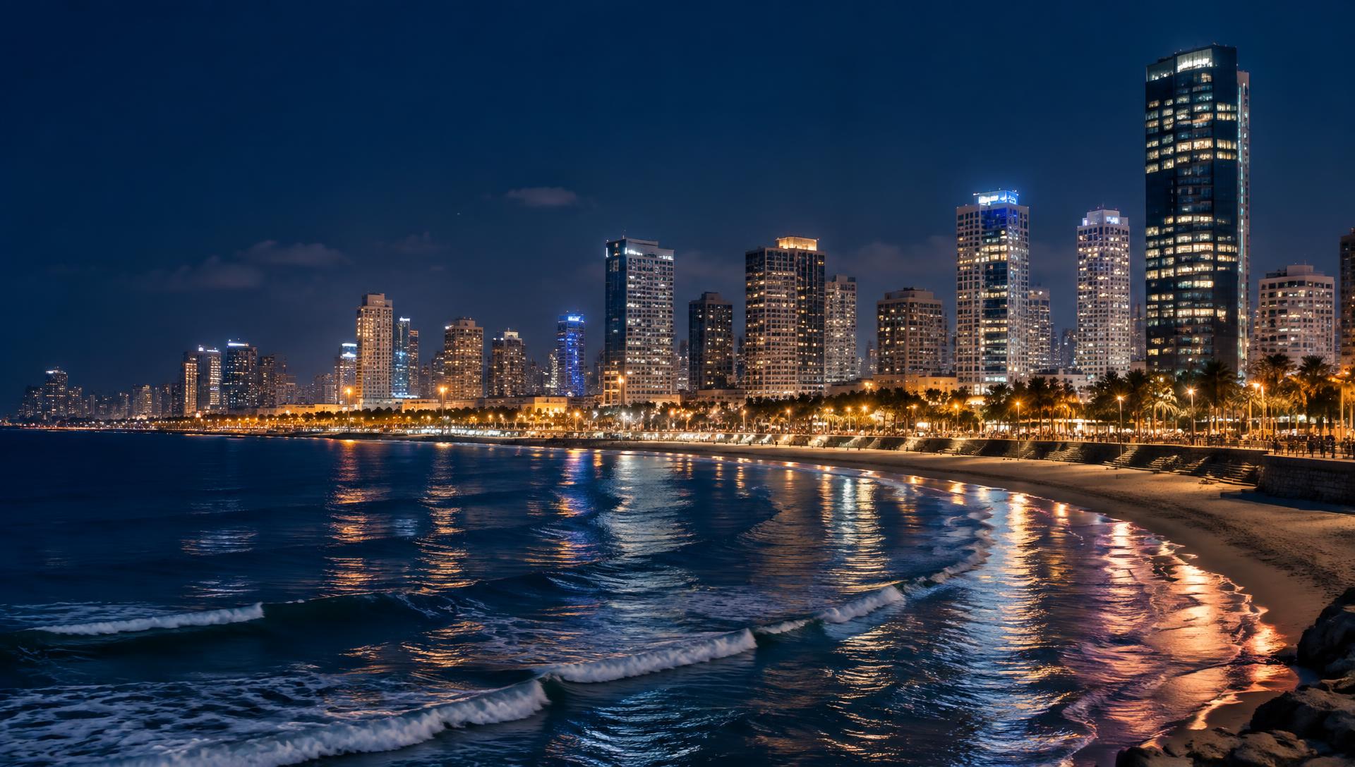 Tel Aviv skyline and Mediterranean coastline at night