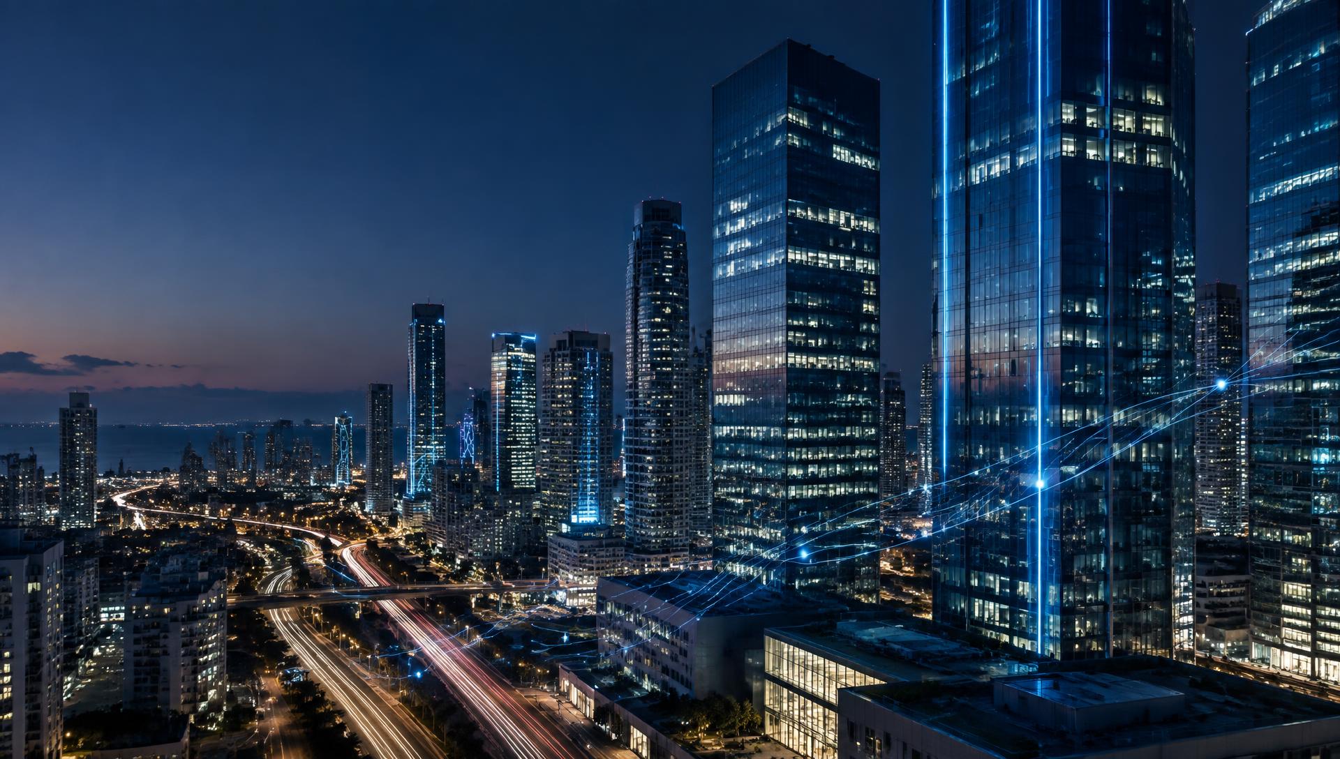 Modern technology district towers in Tel Aviv at night